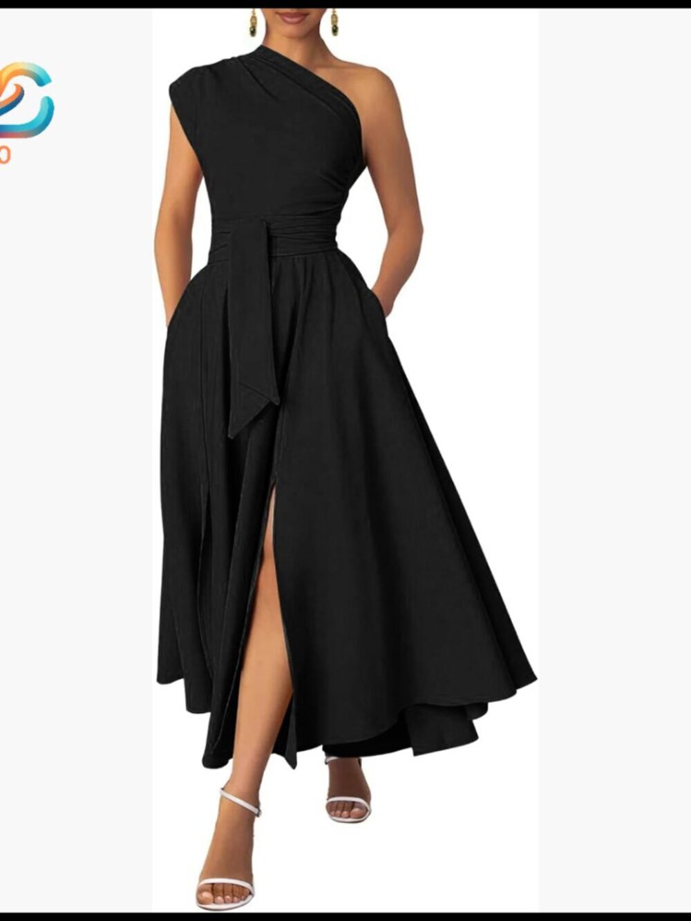 One Shoulder Belted Maxi Dress Formal Wedding Guest with Pockets